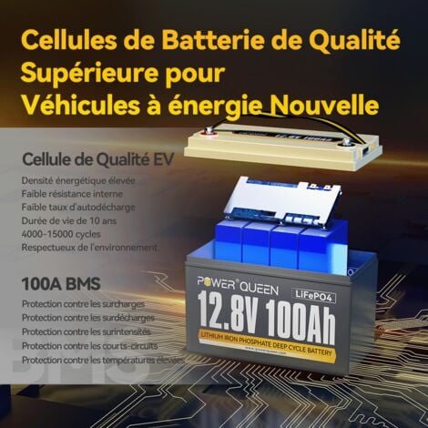 [JAMAIS UTILISÉ]Batterie Lithium LiFePO4 12V 100Ah Power Queen,Batterie Rechargeable avec BMS 100A, 4000+ Cycles, Pour Camping Car, Système Off-Grid, Bateau, Caravane, Solaire