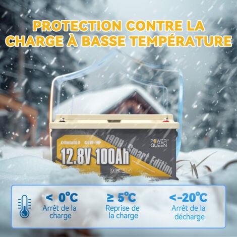 [JAMAIS UTILISÉ]Power Queen LiFePO4 Lithium Batterie 12V100Ah Hauteur 188mm, Bluetooth 5.0 et protection contre les basses températures, adaptée aux RV,camping-cars, caravanes,camping,solaire