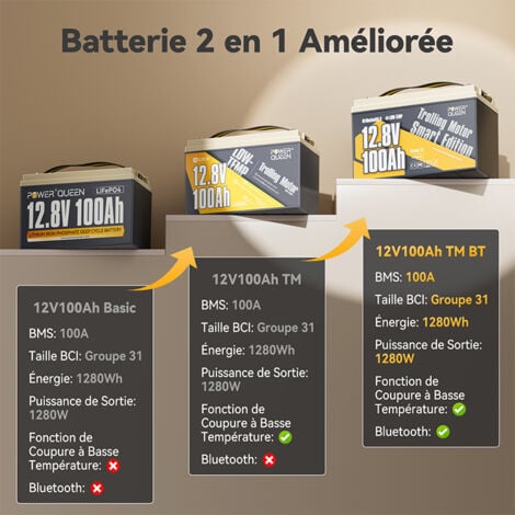Batterie lithium 12V100Ah 1280Wh LiFePO4 Groupe31 Power Queen,Bluetooth, protection à basse température, pour bateau,moteur hors-bord électrique, camping car,caravanes, solaire,hors réseau