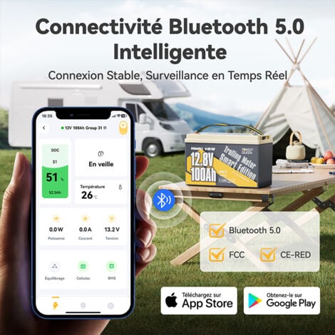 Batterie lithium 12V100Ah 1280Wh LiFePO4 Groupe31 Power Queen,Bluetooth, protection à basse température, pour bateau,moteur hors-bord électrique, camping car,caravanes, solaire,hors réseau