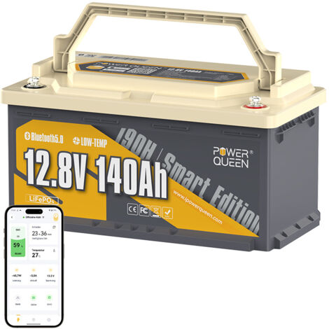 Power Queen – Batterie lithium 12V 140Ah 1792Wh LiFePO4 – Compatible Bluetooth 5.0 – Protection BMS contre surcharges et températures extrêmes – Pour camping-car et solaire - Hauteur188mm