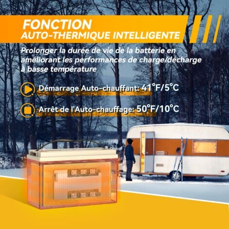 Batterie lithium 12V100Ah 1280Wh Auto-Chauffage LiFePO4 Power Queen, 100A BMS, Fonctionnement à -20°C température, pour bateau,moteur hors-bord électrique, camping car, caravanes, solaire, hors réseau