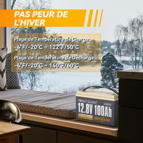Batterie lithium 12V100Ah 1280Wh Auto-Chauffage LiFePO4 Power Queen, 100A BMS, Fonctionnement à -20°C température, pour bateau,moteur hors-bord électrique, camping car, caravanes, solaire, hors réseau