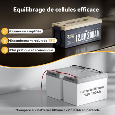 Batterie Lithium 12V200Ah Plus 2560Wh Rechargeable LiFePO4 Power Queen, BMS 200A, 4000-15000 Cycles,  Pour Camping Car, Caravane, solaire, Hors réseau, stockage de l'énergie domestique, Bateau