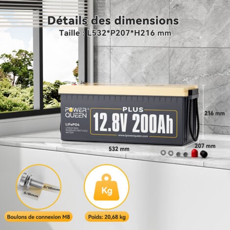 Batterie Lithium 12V200Ah Plus 2560Wh Rechargeable LiFePO4 Power Queen, BMS 200A, 4000-15000 Cycles,  Pour Camping Car, Caravane, solaire, Hors réseau, stockage de l'énergie domestique, Bateau
