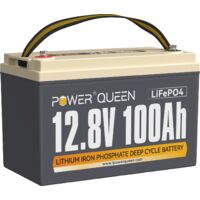 Power Queen – Batterie lithium 12V 100Ah 1280Wh LiFePO4 – BMS 100A – 4000 à 15000 cycles – Pour camping-car, solaire, hors réseau – Dimensions L329 x P172 x H214 mm