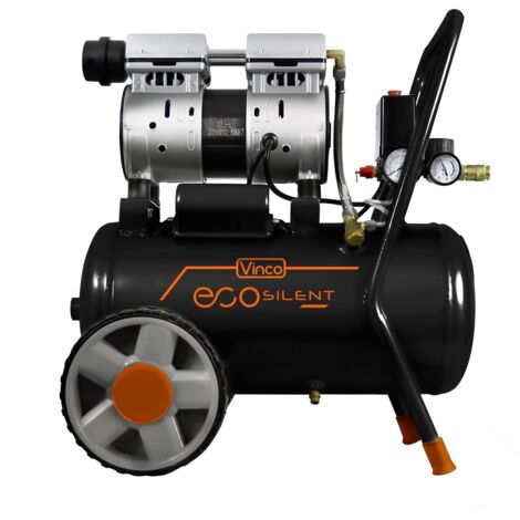 Compresseur silencieux 24L – 8 bars – Débit 110 l/min – Moteur sans huile – 59 dB pour espaces confinés – Poids 21 kg – Vinco