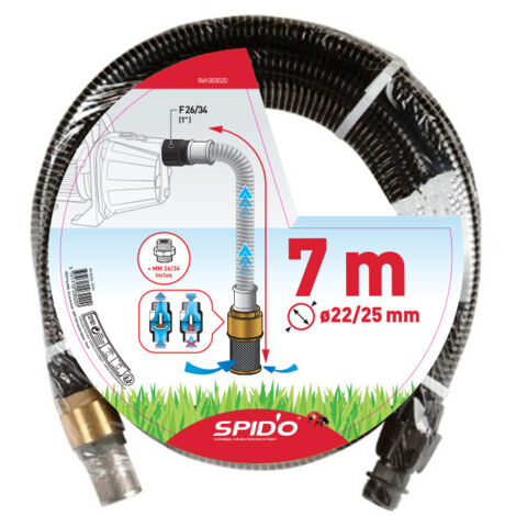 Spido – Tuyau d'aspiration laiton 7 mètres Ø 22 mm – Compatible pompes de surface – Filtration efficace des particules – Raccord F 26/34
