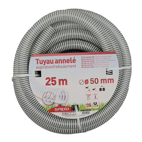 SPIDO Tuyau PVC Armé Souple – 25m – Ø 50 mm – Flexible Renforcé à Spirales pour Aspiration et Refoulement