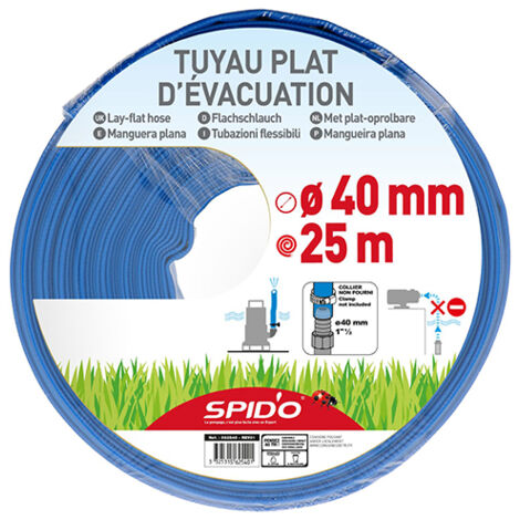 Spido – Tuyau plat d'évacuation 25 m Ø 40 mm – PVC résistant – Pression max 4 bars – Pour drainage eaux usées