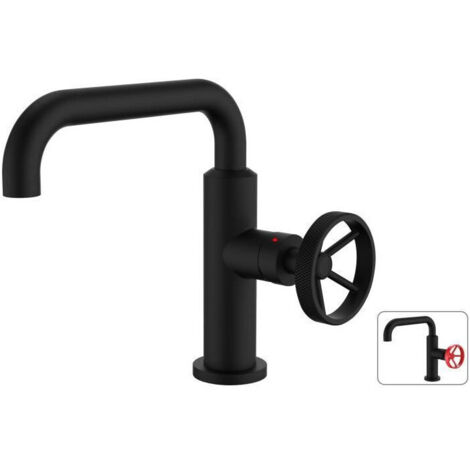Edouard Rousseau – Mitigeur lavabo industriel noir – Bec mobile – Corps laiton – Poignée métal rouge – Hauteur 192 mm – Aérateur invisible (1/2)