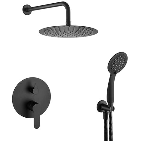 Edouard Rousseau – Colonne de Douche Murale à Encastrer WALL ROND Noire – Tête Extraplate Ø 250 mm – Douchette 5 Jets – Flexible 1,50 m – Mitigeur à Cartouche Céramique avec Boîtier d’Encastrement (1/3)