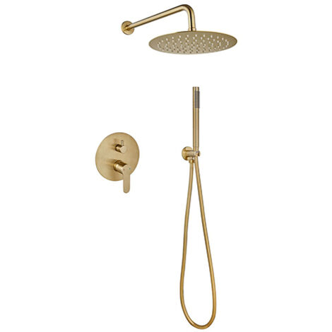 Edouard Rousseau - Colonne de Douche Mécanique WALL ROND – Tête 250 mm Orientable Extra-Plate – Douchette 1 Jet – Robinetterie Encastrée Laiton Brossé