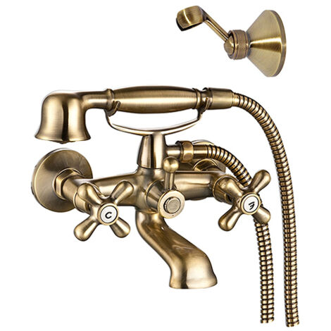 Edouard Rousseau – Mélangeur bain-douche rétro vieux bronze – Finition métal – Têtes céramique 1/4 tour – Douchette 1 jet pluie – Flexible laiton 1,50 m