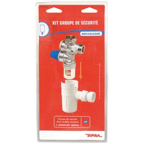 Dipra – Kit groupe de sécurité vertical anticalcaire – Filetage F 20/27 – Pression 7 bars – Certifié NF – Entonnoir siphon inclus