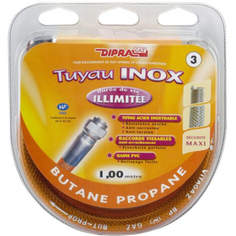 Dipra – Flexible inox pour gaz butane et propane 100 cm – Raccords à visser – Certifié NF – Résistant aux conditions d'utilisation