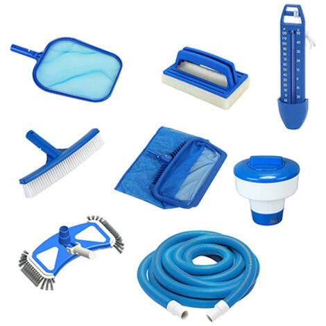 Kit Entretien Complet Piscine SPIDO – Épuisette surface + Épuisette fond + Brosse 26 cm + Brosse ligne d'eau + Diffuseur chlore + Thermomètre + Tête de balai + Tuyau flottant 5 m