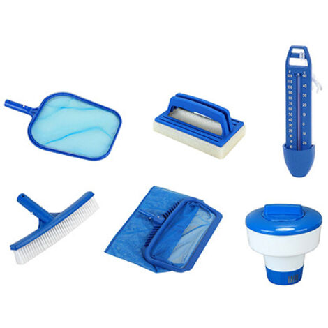 Kit Entretien Piscine SPIDO – Épuisette de surface + Épuisette de fond + Brosse 26 cm + Brosse ligne d'eau + Diffuseur de chlore + Thermomètre