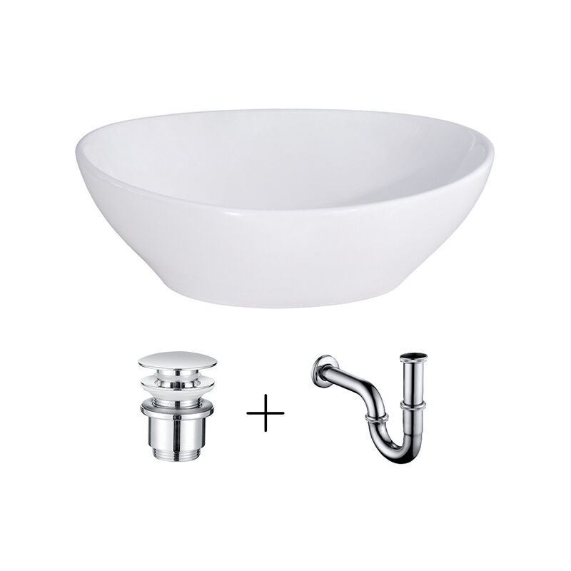 Set mit Waschschale und 41cm Siphon Gäste Waschbecken Aufsatzwaschbecken WC Ablaufgarnitur Keramik Weiss Handwaschbecken