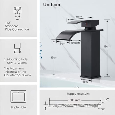 Basin Taps Mixers Black Waterfall Bathroom Sink Taps Bathroom Single Handle Basin Mixer Tap Hot and Cold Water Sink Taps with UK Standard Hoses Zamery