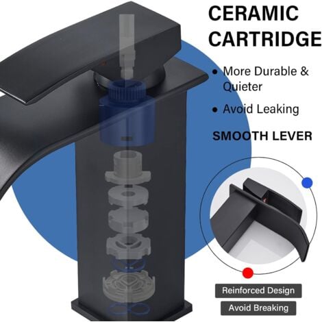 Basin Taps Mixers Black Waterfall Bathroom Sink Taps Bathroom Single Handle Basin Mixer Tap Hot and Cold Water Sink Taps with UK Standard Hoses Zamery