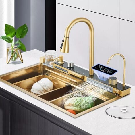Kitchen Sink Set Multifunctional Waterfall Sink with LED Digital Display Brushed gold Stainless Steel Nano Home Workstation Sink with Drainer Pull Out Faucet Pressurized Cup Washer Soap Dispenser Acc