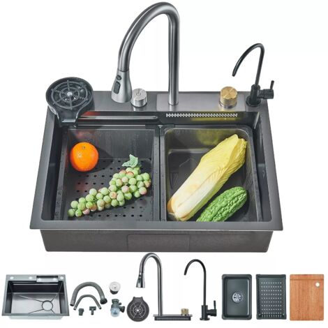 Kitchen Sink Set Multifunctional Waterfall Sink,Grey Stainless Steel Nano Home Workstation Sink with Drainer,Pull-Out Faucet,Pressurized Cup Washer,(60x45CM) (1/5)