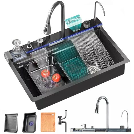 Kitchen Sink Set Multifunctional Waterfall Sink with Drainer,Grey Stainless Steel Nano Home Workstation Sink with LED Digital Display, Cup Washer, Soap Dispenser Accessories (75x45x21CM)