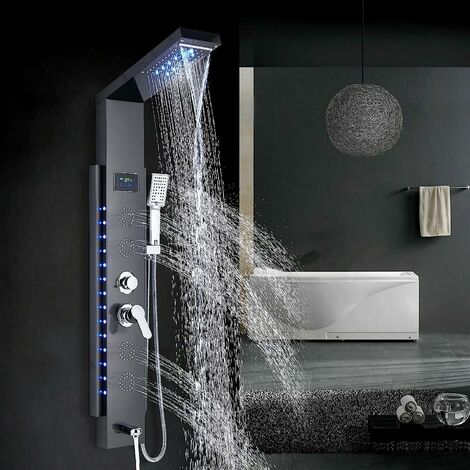 ELLO&ALLO LED Shower Panel Tower – Black Stainless Steel Wall-Mounted Mixer With Rain & Waterfall Massage, Oil Rubbed Bronze Finish