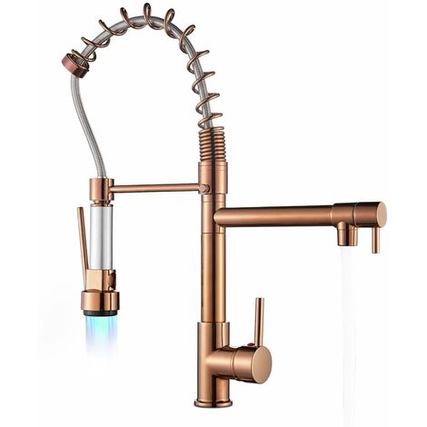 LED Kitchen Sink Mixer Tap rose gold, Spray 360 Degree Rotation Spout, with 3 Colour Temperature Display, Black Hose Single Handle Cold and Hot Water Brass Tap