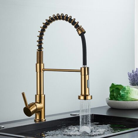 Brushed Gold Kitchen Tap Kitchen Sink Mixer tap with Solid Brass Commercial Single Handle Single Hole Pull Down Sprayer Swivel Sprayer Mixer Tap Cold and hot Fittings UK Standard