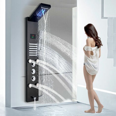 LED Hydromassage Shower Column Mixer 5 Functions Shower Panel Set for Bathroom Stainless Steel System Set with Fixed Shower Head,Massage,Hand Shower and Spout Bathtub,Black