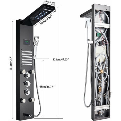 LED Hydromassage Shower Column Mixer 5 Functions Shower Panel Set for Bathroom Stainless Steel System Set with Fixed Shower Head,Massage,Hand Shower and Spout Bathtub,Black