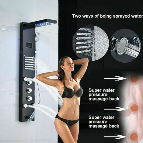 LED Hydromassage Shower Column Mixer 5 Functions Shower Panel Set for Bathroom Stainless Steel System Set with Fixed Shower Head,Massage,Hand Shower and Spout Bathtub,Black