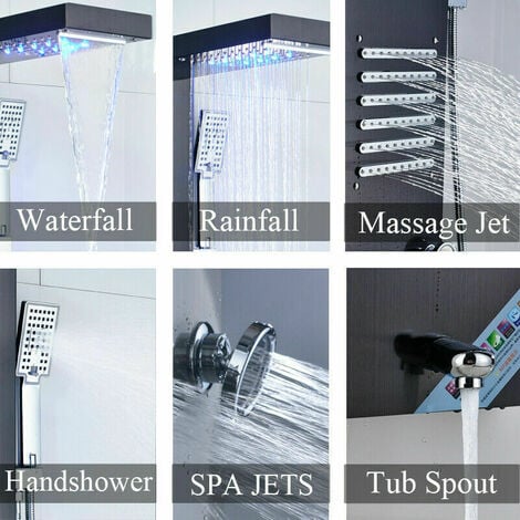 LED Hydromassage Shower Column Mixer 5 Functions Shower Panel Set for Bathroom Stainless Steel System Set with Fixed Shower Head,Massage,Hand Shower and Spout Bathtub,Black