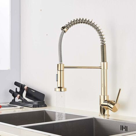 Gold Kitchen Tap Kitchen Sink Mixer tap with Solid Brass Commercial Single Handle Single Hole Pull Down Sprayer Swivel Sprayer Mixer Tap Cold and hot Fittings UK Standard