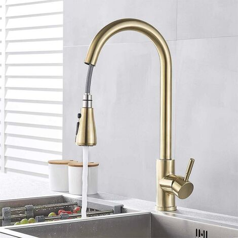 Kitchen Taps Mixer Brushed Gold, High Pressure 360° Swivel Kitchen Sink Taps with Pull Out Spray 2 Modes, Stainless Steel Pull Down Sink Taps for Kitchen