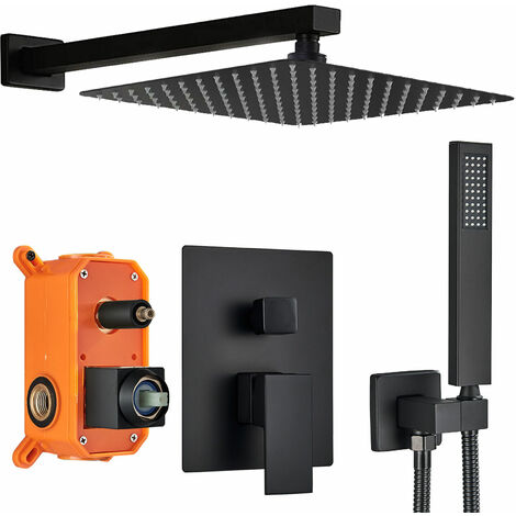 Black Concealed Shower System 2-Function Concealed Shower Set for Bathroom Wall Mounted 16-Inch Shower Head with Handheld Including Rough-in Valve Body and Trim Kit Square