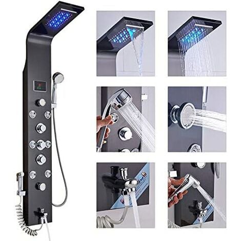 Shower Panel Column Tower LED Shower System with 6 Functions,Unique hydromassage Top Shower Hand Shower and Tub Spout Shower Set in Stainless Steel Wall Mounted Black Zamery