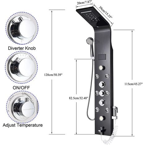Shower Panel Column Tower LED Shower System with 6 Functions,Unique hydromassage Top Shower Hand Shower and Tub Spout Shower Set in Stainless Steel Wall Mounted Black Zamery