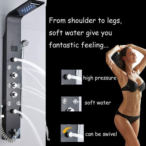 Shower Panel Column Tower LED Shower System with 6 Functions,Unique hydromassage Top Shower Hand Shower and Tub Spout Shower Set in Stainless Steel Wall Mounted Black Zamery