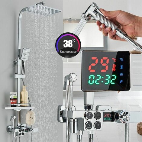 Thermostatic Mixer Showers, Square Thermostatic 38 °C Shower Mixer Set with LCD,Rainfall Shower Head, Handheld Shower,bidet,shelf, Adjustable Height Anti Scald Chrome Shower Set