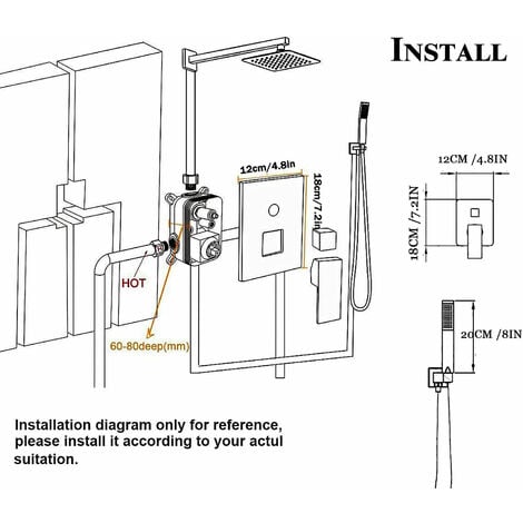Black Shower System Concealed Shower Set for Bathroom 2-Function Wall Mounted 12-Inch Shower Head with Handheld Including Rough-in Valve Body and Trim Kit Square