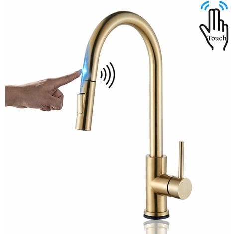 Touch Sensor Kitchen Tap Brushed Gold, Touch On Kitchen Mixer Tap with Pull Out Sprayer, 360° Swivel Tap for Kitchen Sink, Kitchen Sink Tap Pull Out Kitchen Sink Mixer Tap, Stainless Steel