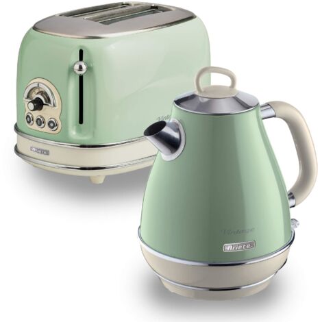 Ariete ARPK2 Retro Style Jug Kettle and 2 Slice Toaster Set, Vintage Design, Green