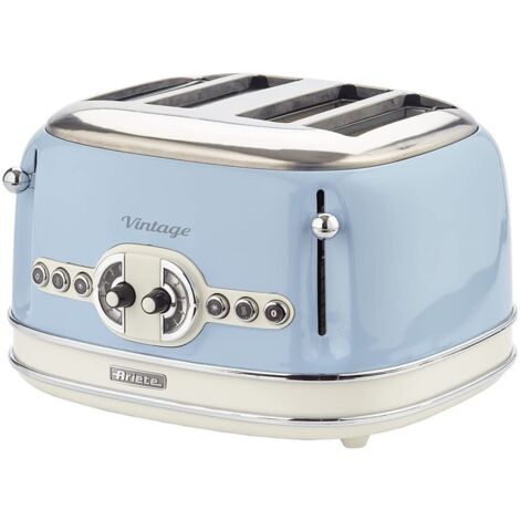 Ariete 0156/05 Retro Style 4 Toaster with 2 Slice Control, 6 Browning Levels & Removable Crumb Tray, Vintage Design, Stainless Steel, Blue