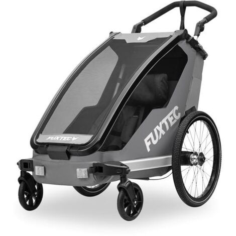 FUXTEC Fahrradanhänger FX-FA1S, Einsitzer faltbar mit Kupplung, Schiebegriff, Regenschutz, 5-Punkt-Gurt, max. Zuladung 35 kg