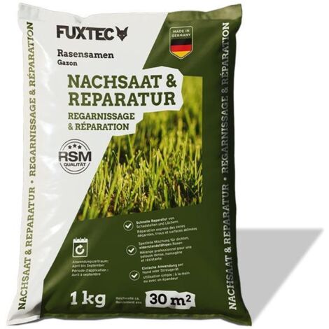 FUXTEC Rasensamen Nachsaat FX-RSNR1, 1kg für 30m², schnellkeimende Grasmischung, Rasenreparatur Frühjahr bis Herbst, Made in Germany
