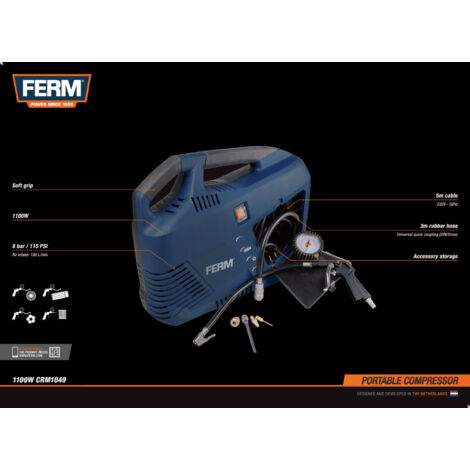 FERM Compresor portátil 1100W - 230V - Set de 8 piezas