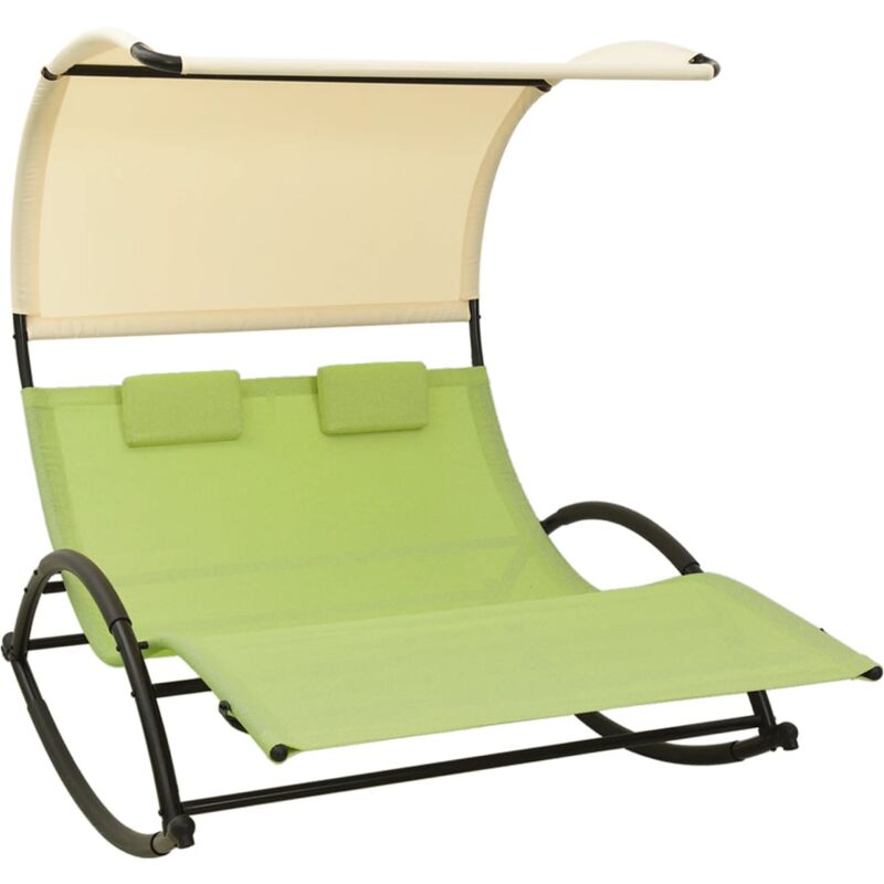 Doppel-Sonnenliege，Liegestühle，Gartenliege mit Sonnendach Textilene Grün  und Creme VEIN675048 MaisonChic